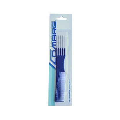 A blue plastic hair comb with white teeth, packaged in a clear blister pack with a white and blue cardboard backing. The brand name 'COMBARE' is printed vertically on the packaging.