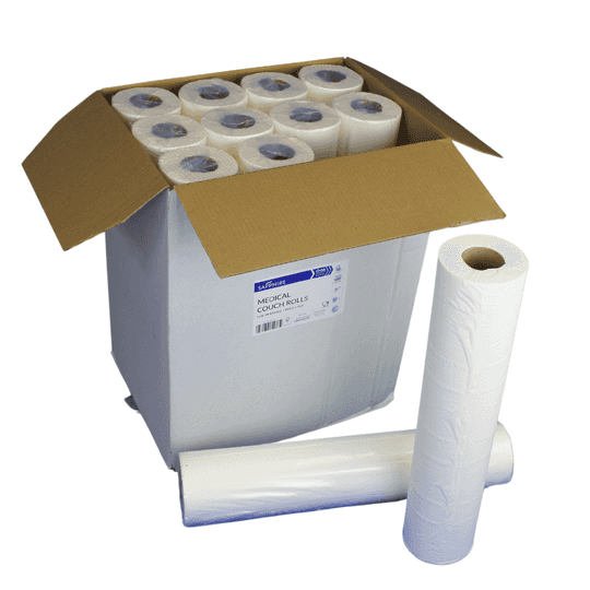 Box of medical cloth rolls with two rolls in front on a white background