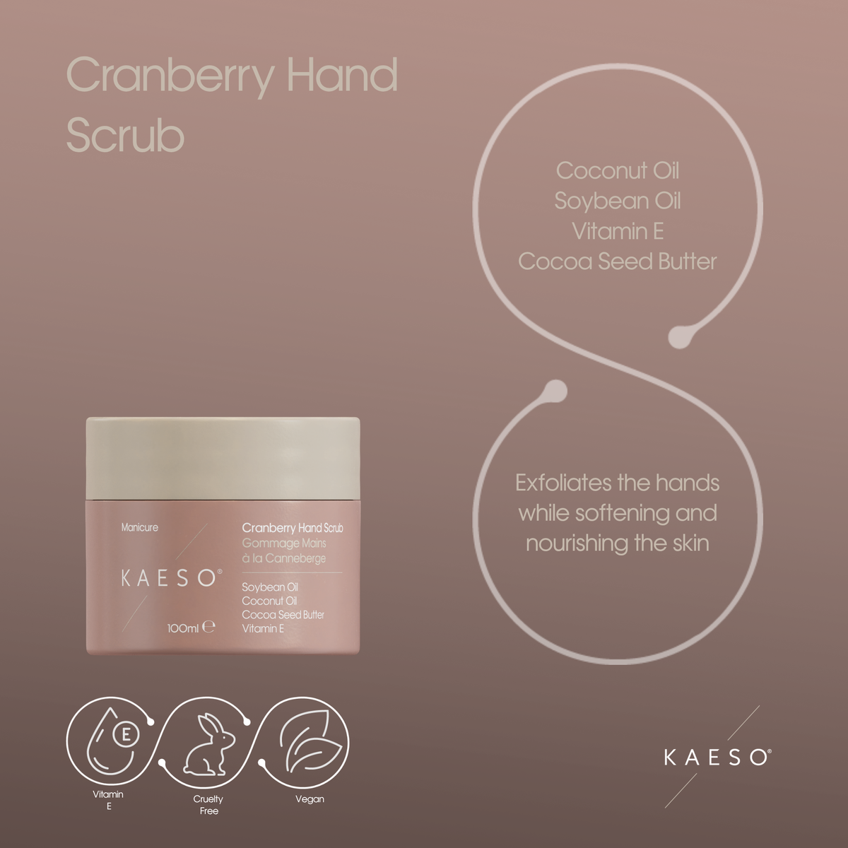 KAESO Cranberry Hand Scrub in a 100ml jar, displayed on a dusty rose background with ingredient callouts and product icons.