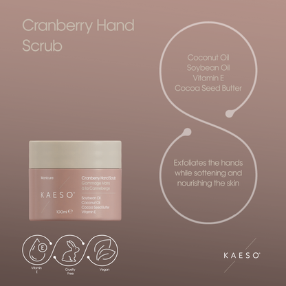 KAESO Cranberry Hand Scrub in a 100ml jar, displayed on a dusty rose background with ingredient callouts and product icons.