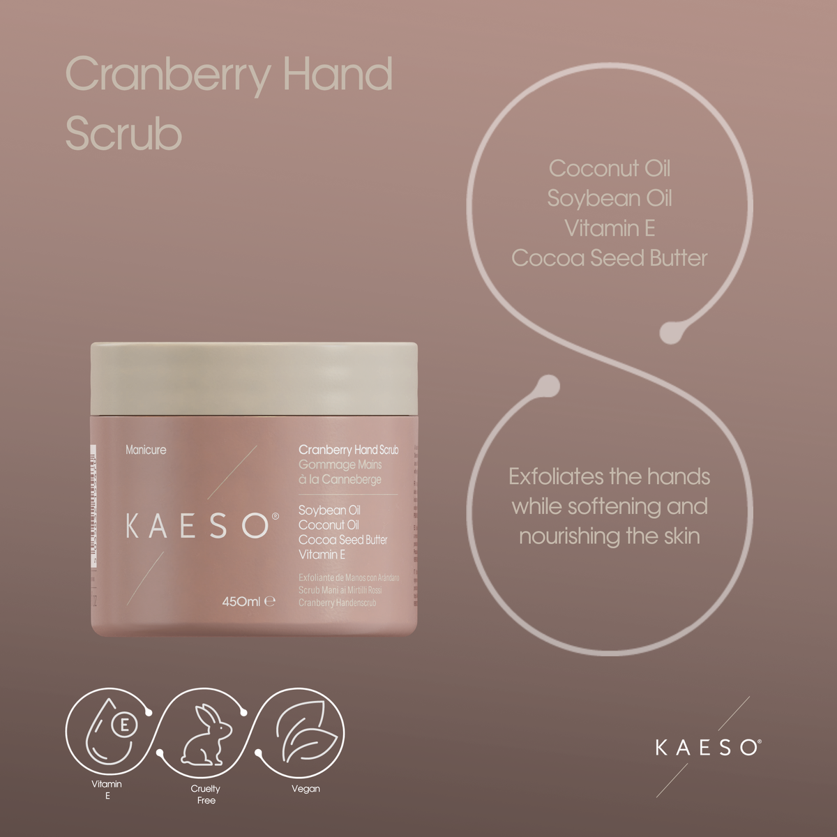 KAESO Cranberry Hand Scrub in a 450ml jar, displayed on a dusty rose background with product details, ingredient highlights, and certification icons.