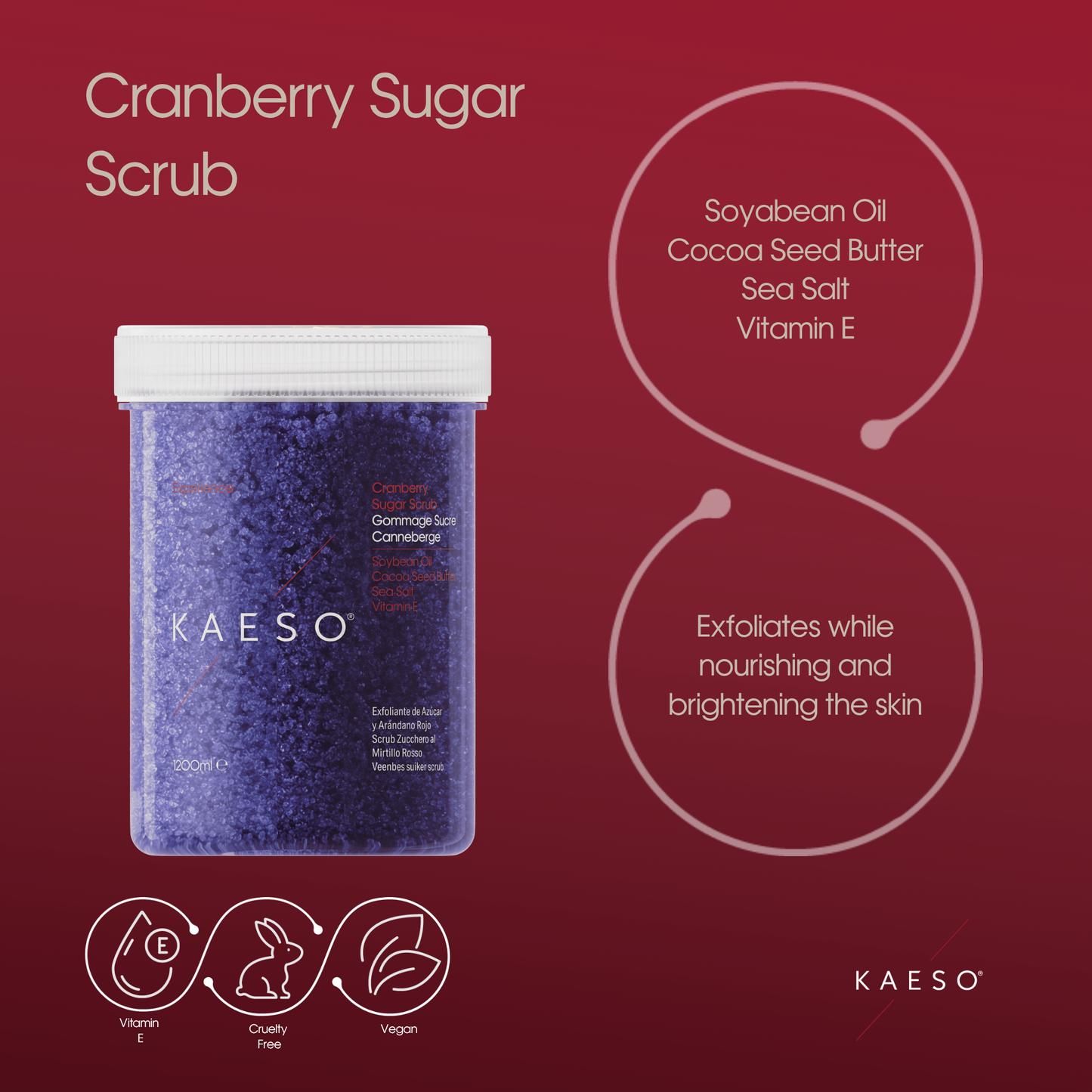 KAESO Cranberry Sugar Scrub in a clear jar with a white lid, set against a dark red background with product details and ingredient callouts.