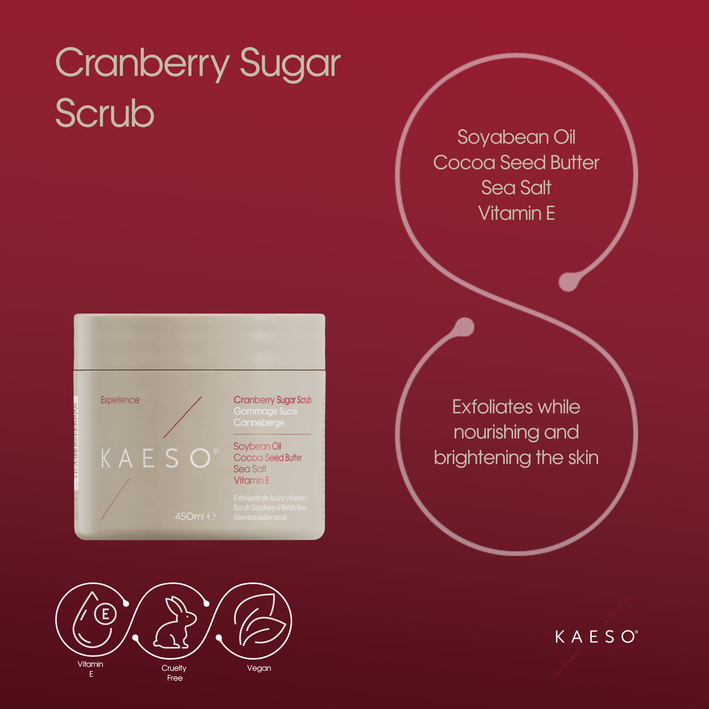 KAESO Cranberry Sugar Scrub in a square cream-colored jar, presented on a dark red background with product details, ingredients, and icons.