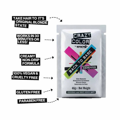 A packet of Crazy Color by Renegade Back to Base Remover hair color remover shown on a white background with several black feature callout boxes pointing to product benefits.