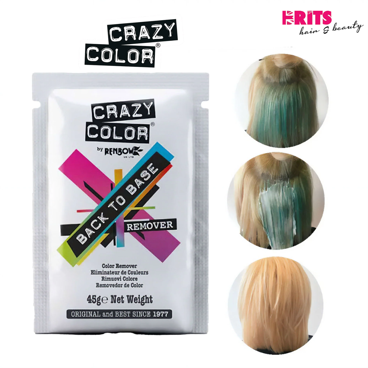 A package of Crazy Color by Renson Back to Base Remover hair color remover, shown alongside three circular inset images demonstrating the product's effect on blonde hair.