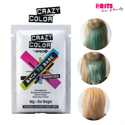A package of Crazy Color by Renson Back to Base Remover hair color remover, shown alongside three circular inset images demonstrating the product's effect on blonde hair.