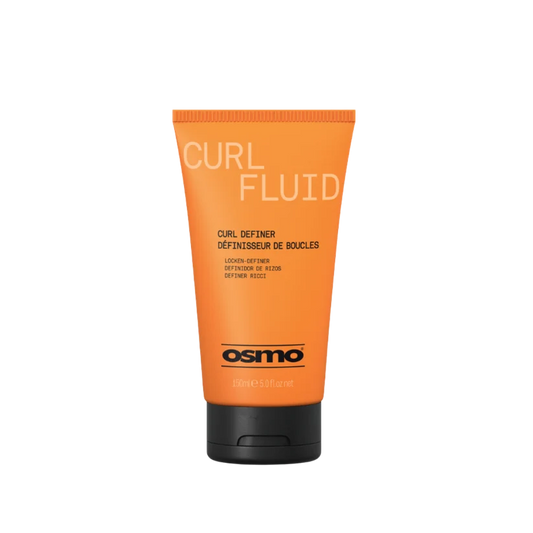 An orange squeeze tube of Osmo Curl Fluid hair styling product with a black cap, centered on a plain white background.