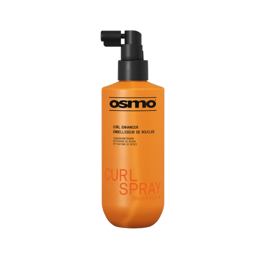 An orange bottle of Osmo Curl Enhancer Curl Spray with a black pump dispenser, centered on a plain white background.