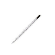 A dual-ended cuticle pusher with one rounded end and one straight end, made of stainless steel.