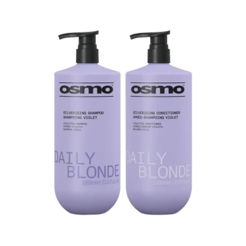 Two lavender Osmo Daily Blonde haircare bottles on a white background, one labeled silver-toning shampoo and the other apré-silvering conditioner, both with black pump dispensers.