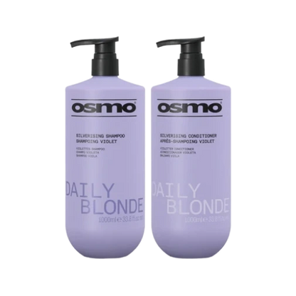 Two lavender Osmo Daily Blonde haircare bottles on a white background, one labeled silver-toning shampoo and the other apré-silvering conditioner, both with black pump dispensers.