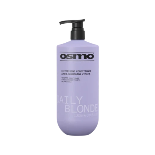 A 1-liter pump bottle of Osmo Silvering Conditioner for Daily Blonde hair in the violet shade, shown on a solid white background.