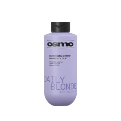 A bottle of Osmo Silverizing Shampoo in Violet, featuring a lavender purple bottle with a black cap, set against a plain white background.