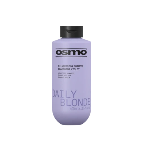 A bottle of Osmo Silverizing Shampoo in Violet, featuring a lavender purple bottle with a black cap, set against a plain white background.