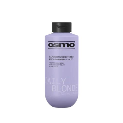 A bottle of Osmo Daily Blonde Revelling Conditioner in Violet, featuring a lavender purple bottle and a black cap on a plain white background.