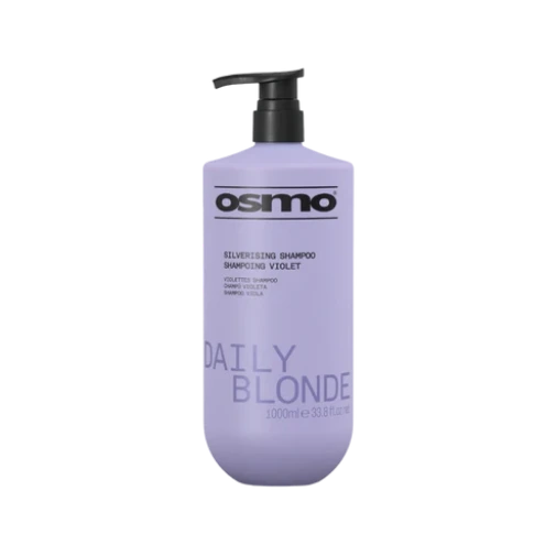 A 1000ml bottle of Osmo Daily Blonde Religifying Shampoo in the color Violet, featuring a lavender-purple bottle with a black pump dispenser, set against a plain white background.