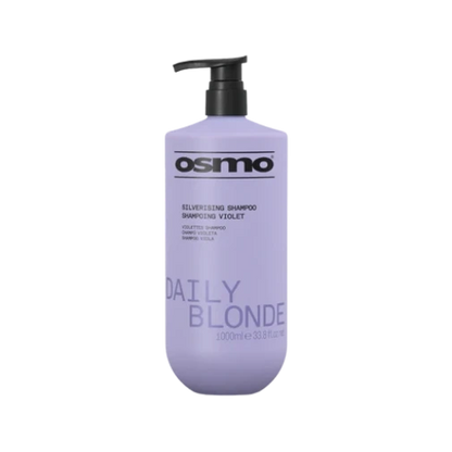 A 1000ml bottle of Osmo Daily Blonde Religifying Shampoo in the color Violet, featuring a lavender-purple bottle with a black pump dispenser, set against a plain white background.