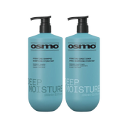 Two 1000ml bottles of Osmo Deep Moisture hydrating shampoo and conditioner in a light blue color with black pump dispensers, shown on a plain white background.