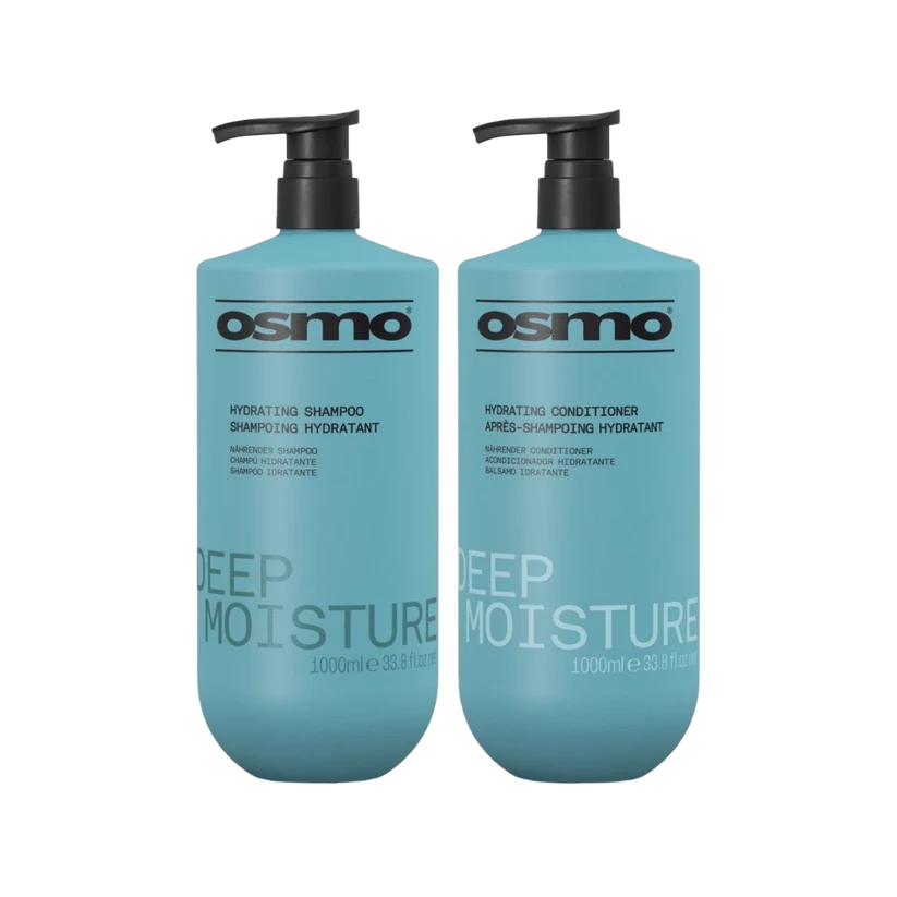 Two 1000ml bottles of Osmo Deep Moisture hydrating shampoo and conditioner in a light blue color with black pump dispensers, shown on a plain white background.