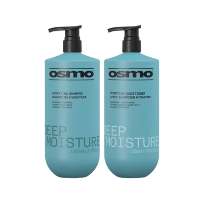 Two 1000ml bottles of Osmo Deep Moisture hydrating shampoo and conditioner in a light blue color with black pump dispensers, shown on a plain white background.