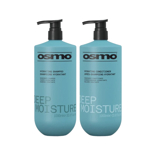 Two 1000ml bottles of Osmo Deep Moisture hydrating shampoo and conditioner in a light blue color with black pump dispensers, shown on a plain white background.
