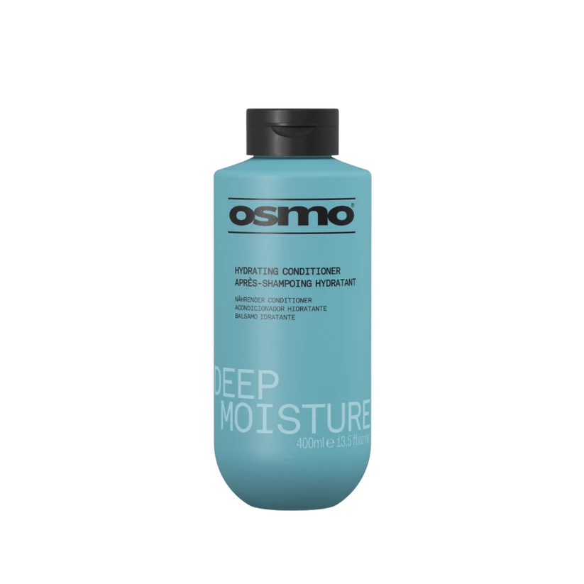 A 400ml bottle of Osmo Hydrating Conditioner Deep Moisture in a light blue color with a black cap, shown on a plain white background.
