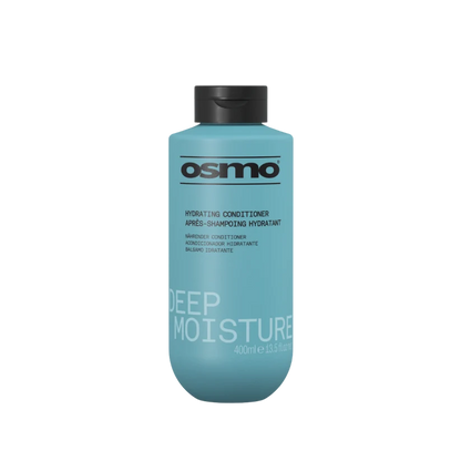 A 400ml bottle of Osmo Hydrating Conditioner Deep Moisture in a light blue color with a black cap, shown on a plain white background.