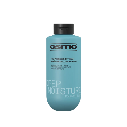 A 400ml bottle of Osmo Hydrating Conditioner Deep Moisture in a light blue color with a black cap, shown on a plain white background.