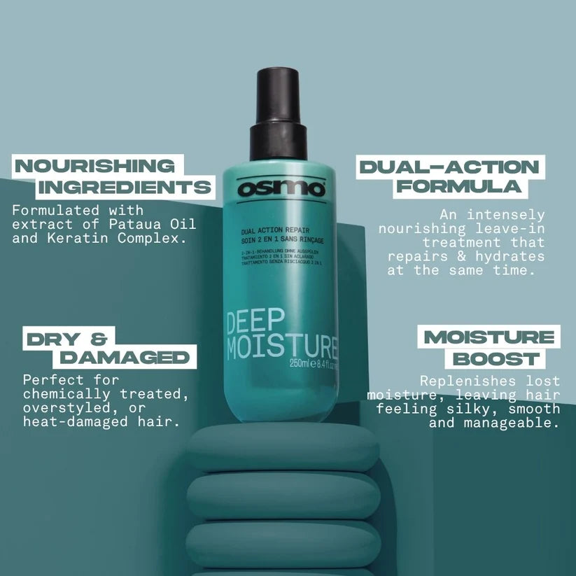 A bottle of osmino Deep Moisture dual-action leave-in hair treatment stands upright on a matching teal pedestal against a teal background, surrounded by promotional text callouts describing nourishing ingredients, dual-action formula, dry and damaged hair, and moisture boost.