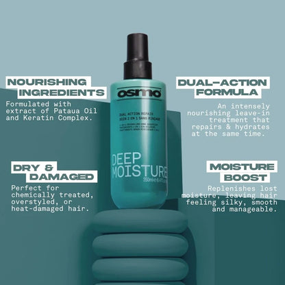 A bottle of osmino Deep Moisture dual-action leave-in hair treatment stands upright on a matching teal pedestal against a teal background, surrounded by promotional text callouts describing nourishing ingredients, dual-action formula, dry and damaged hair, and moisture boost.