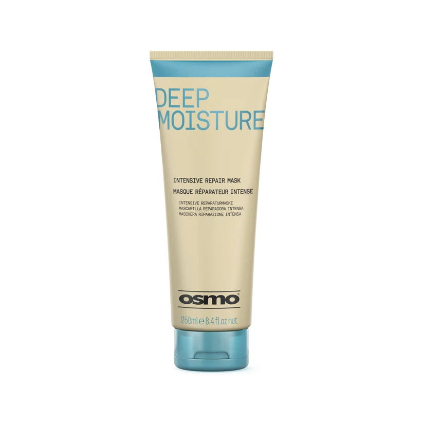Osmo Deep Moisture Intensive Repair Mask in a 250ml squeeze tube, featuring a beige body with light blue accents and a translucent blue cap, set against a plain white background.