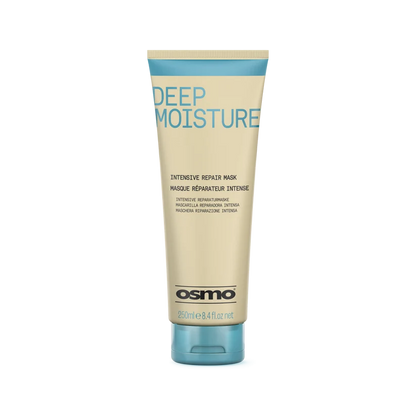 Osmo Deep Moisture Intensive Repair Mask in a 250ml squeeze tube, featuring a beige body with light blue accents and a translucent blue cap, set against a plain white background.