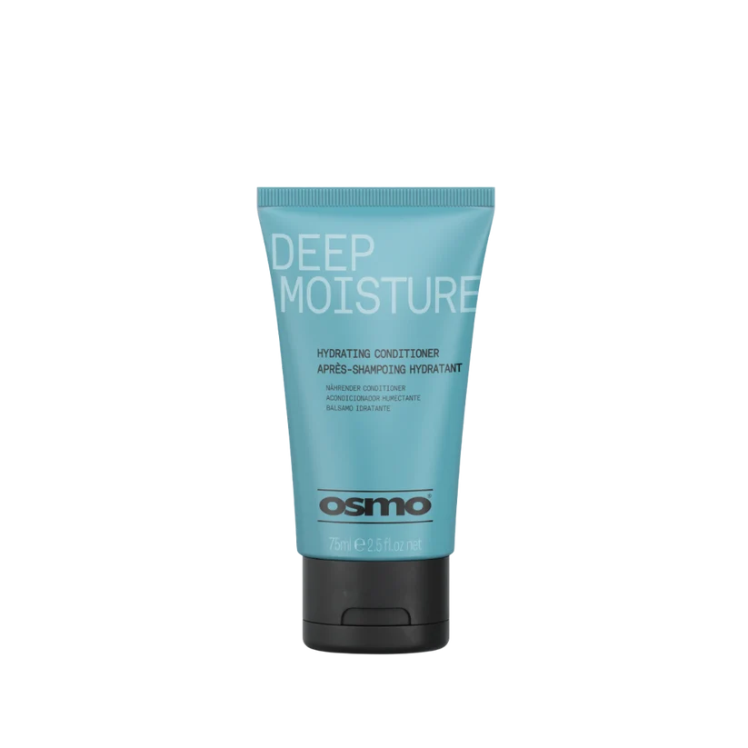 A tube of Osmo Deep Moisture Hydrating Conditioner in a light blue-green color with a black cap, centered on a plain white background.