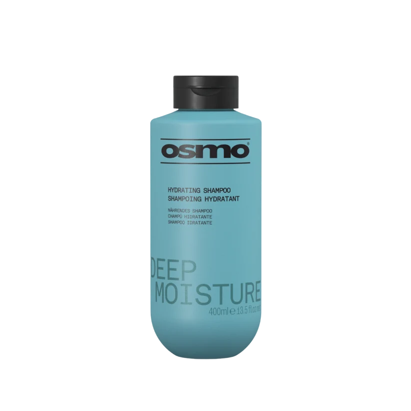 A 400ml bottle of Osmo Hydrating Shampoo Deep Moisture in a light blue-green color with a black cap, shown on a plain white background.