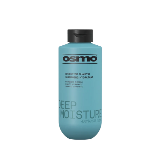 A 400ml bottle of Osmo Hydrating Shampoo Deep Moisture in a light blue-green color with a black cap, shown on a plain white background.