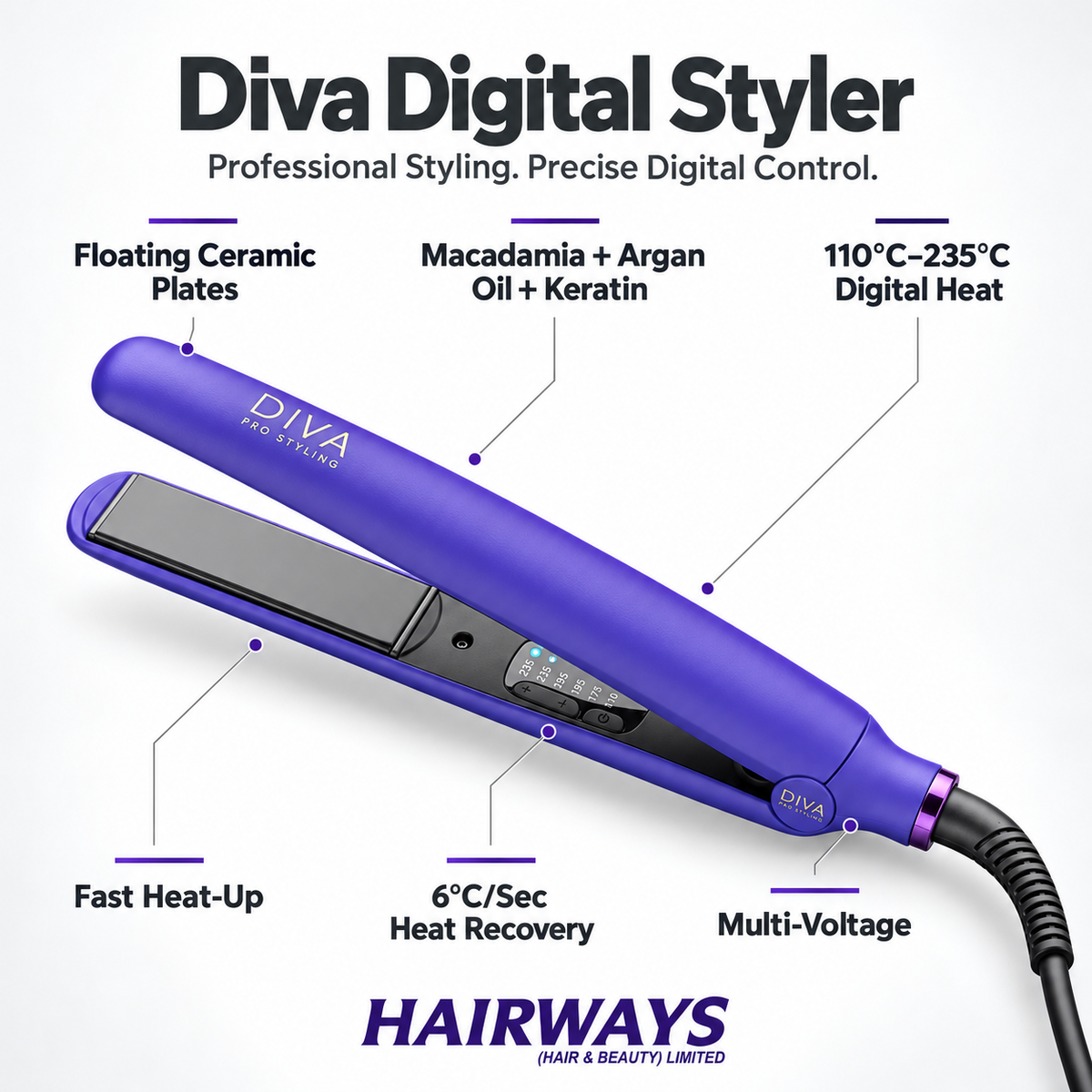 A Violet Purple DIVA Digital Styler hair straightener shown on a white background with multiple callout text labels describing features such as floating ceramic plates, digital heat range, fast heat-up, and multi-voltage. The brand name HAIRWAYS (hair & beauty limited) is visible at the bottom.
