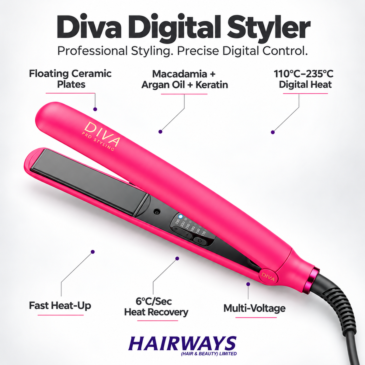 A bright pink DIVA Digital Styler hair straightener shown on a white background with multiple callout text labels describing features such as floating ceramic plates, digital heat range, fast heat-up, and multi-voltage. The brand name HAIRWAYS (hair & beauty limited) is visible at the bottom.