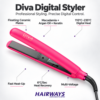 A bright pink DIVA Digital Styler hair straightener shown on a white background with multiple callout text labels describing features such as floating ceramic plates, digital heat range, fast heat-up, and multi-voltage. The brand name HAIRWAYS (hair & beauty limited) is visible at the bottom.