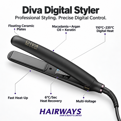 A onyx black DIVA Digital Styler hair straightener shown on a white background with multiple callout text labels describing features such as floating ceramic plates, digital heat range, fast heat-up, and multi-voltage. The brand name HAIRWAYS (hair & beauty limited) is visible at the bottom.