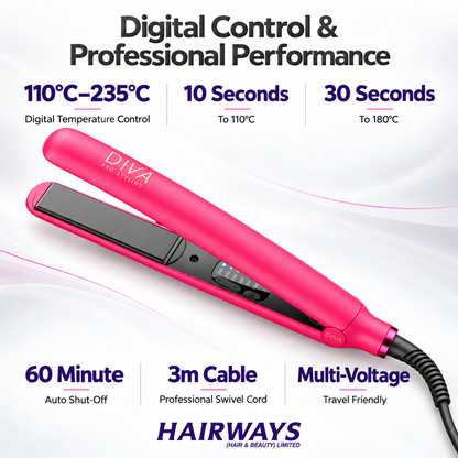 A bright pink hair styling straightener shown on a white graphic background with feature callouts. The product has a digital temperature control display, a black inner plate, and the brand name 'DIVA by DIVA' printed on the handle.