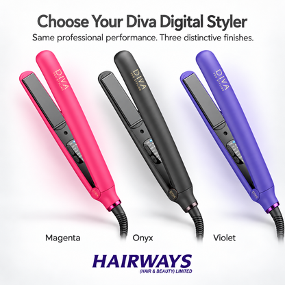 Three flat iron hair styler styles shown side by side in different colors: magenta, onyx black, and violet, with text reading 'Choose Your Diva Digital Styler' and 'HAIRWAYS (HAIR & BEAUTY) LIMITED' at the bottom.