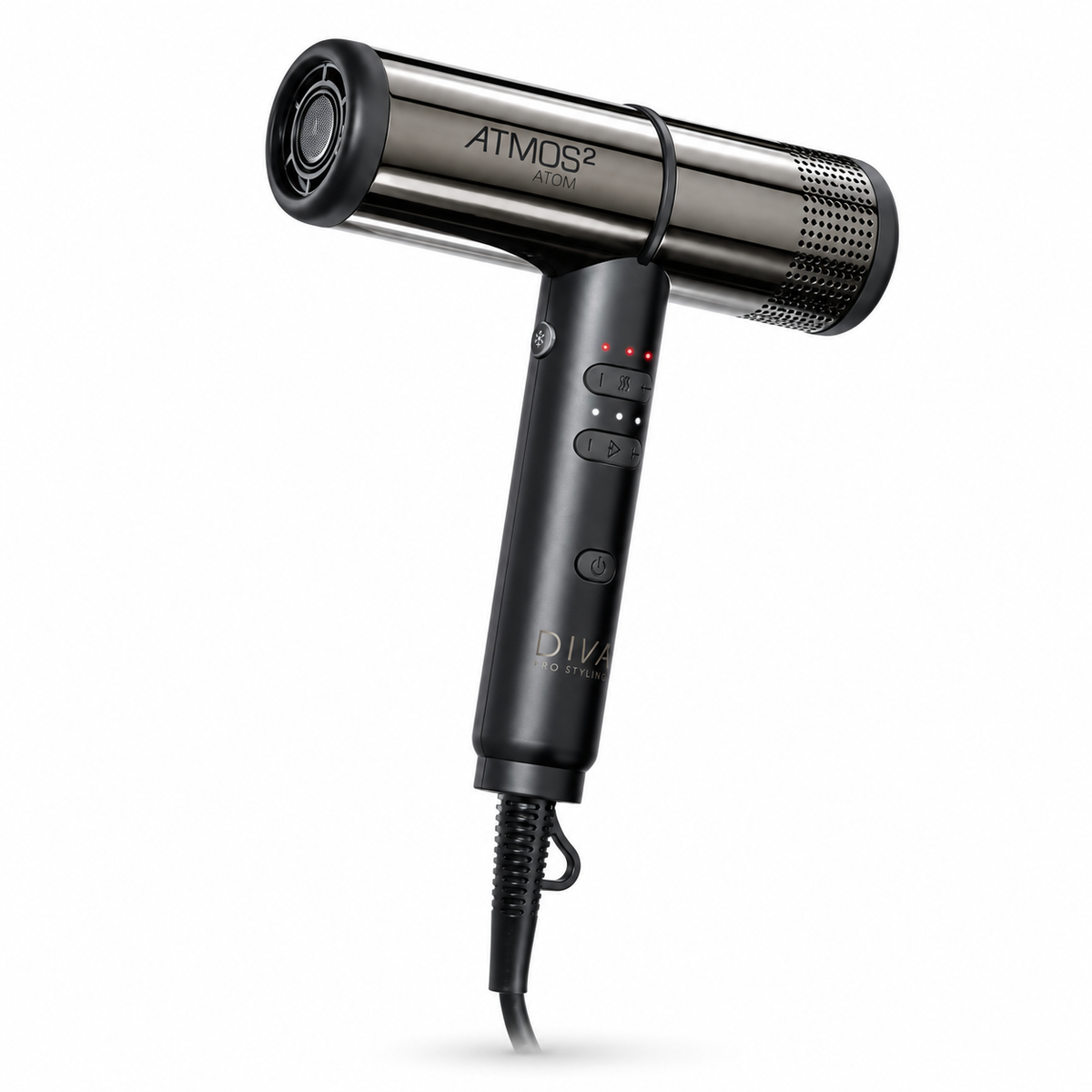 A black and metallic silver hair dryer on a clean white background. The brand name 'DIVA' is visible on the handle, along with 'ATMOS2' on the barrel.