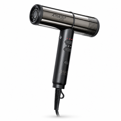 A black and metallic silver hair dryer on a clean white background. The brand name 'DIVA' is visible on the handle, along with 'ATMOS2' on the barrel.