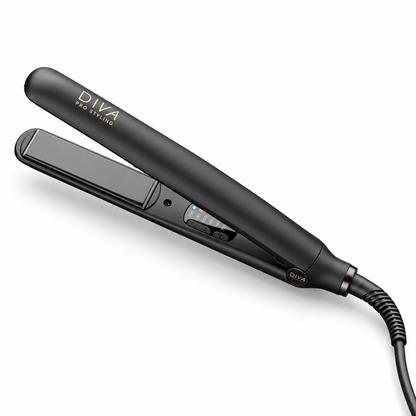 A black/onyx coloured flat iron hair straightener with gold 'DIVA PRO STYLING' branding, shown at an angle on a clean white background.