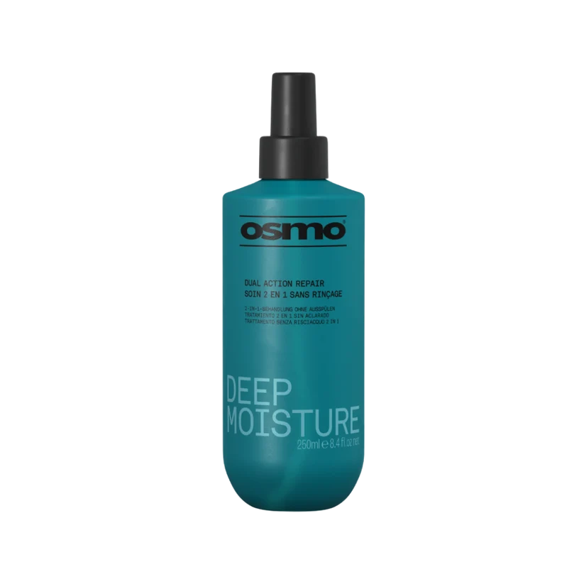 A 250ml bottle of Osmo Deep Moisture Dual Action Repair hair care spray, featuring a teal-green bottle body, black spray nozzle, and white text on a plain white background.