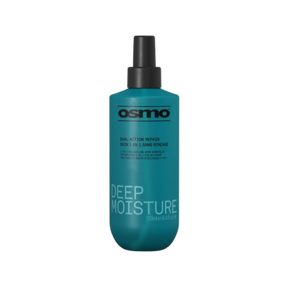 A 250ml bottle of Osmo Deep Moisture Dual Action Repair hair care spray, featuring a teal-green bottle body, black spray nozzle, and white text on a plain white background.