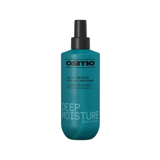 A 250ml bottle of Osmo Deep Moisture Dual Action Repair hair care spray, featuring a teal-green bottle body, black spray nozzle, and white text on a plain white background.