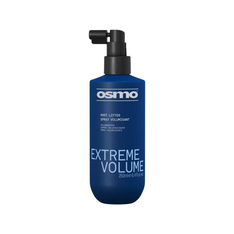 A blue bottle of Osmo Extreme Volume Root Lifter Spray with a black pump dispenser, shown on a plain white background.