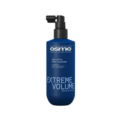 A blue bottle of Osmo Extreme Volume Root Lifter Spray with a black pump dispenser, shown on a plain white background.