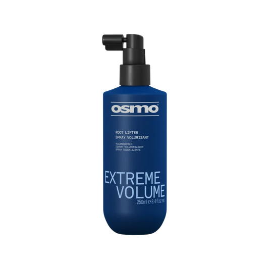 A blue bottle of Osmo Extreme Volume Root Lifter Spray with a black pump dispenser, shown on a plain white background.